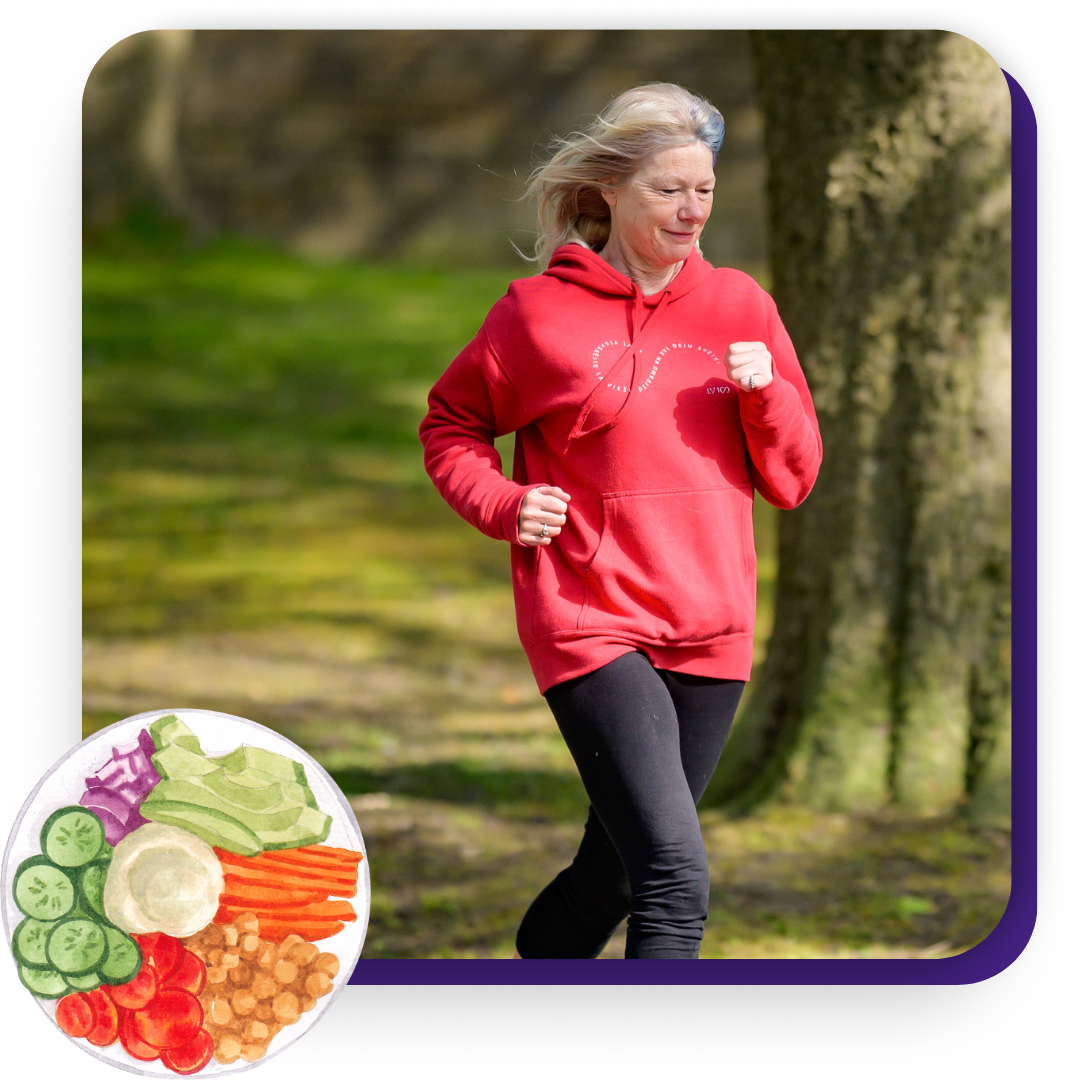 older woman jogging in hoodie