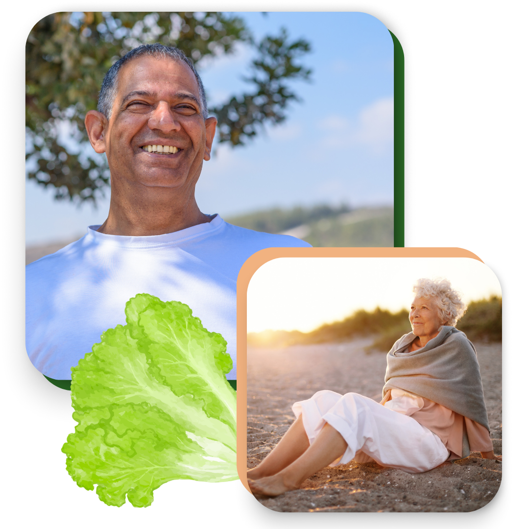 photo collage, older woman on beach, lettuce drawing